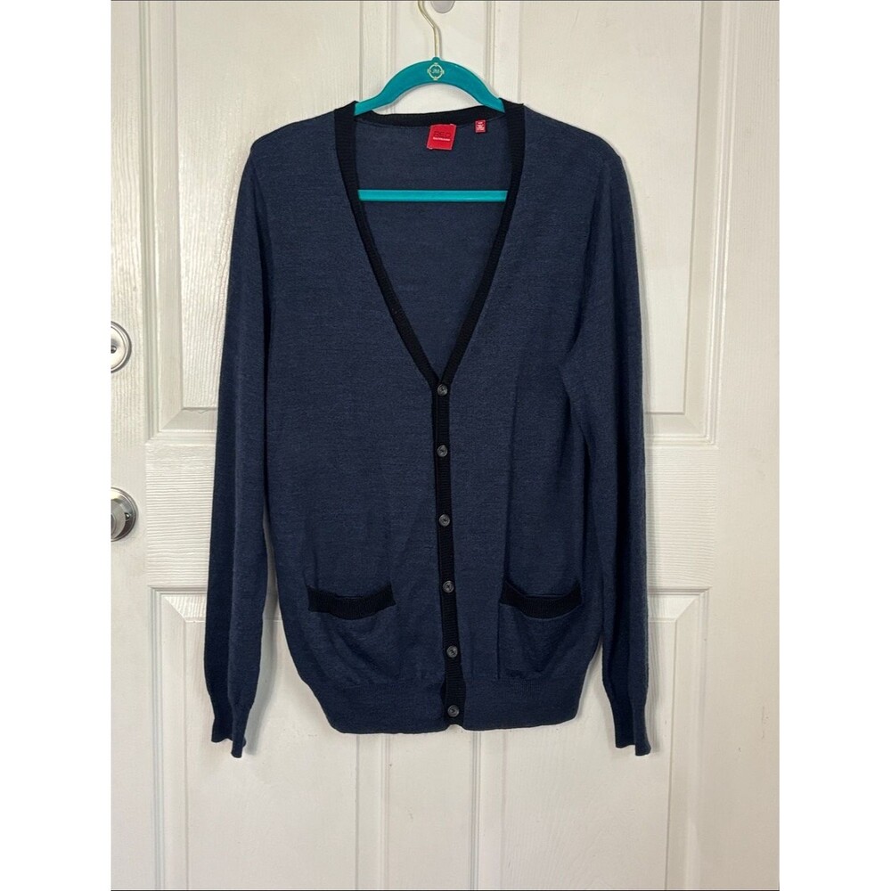RED SAKS FIFTH AVE Merino Wool Blend Navy Contrast Trim Cardigan Sweater Size M